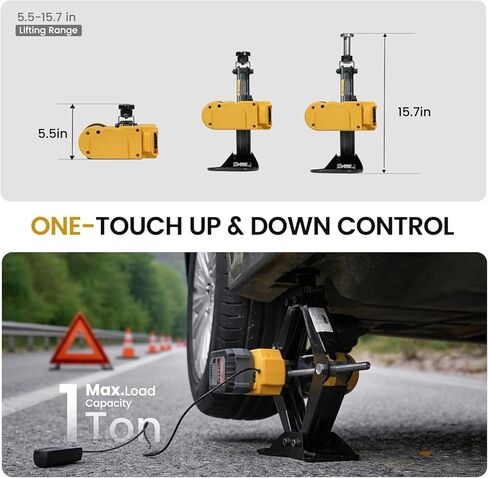 Dual Power Electric Car Jack w/ 4.0Ah Battery & 12V DC Backup, Compatible with Dewalt 20V MAX Battery, 1 Ton Cordless Jack, 5.5-15.7in Lifting Range, Heavy Duty Steel Jack for Emergency Tire Change in Kuwait