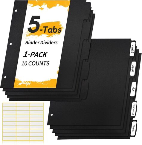 Insertable Dividers for 3 Ring Binders, 5 Tabs per Set, Big Tabs, Binder Dividers with Tabs for School Office and Home Organization, Black, 2 Sets in Kuwait
