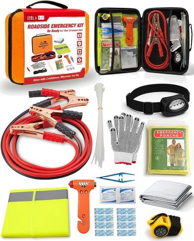 HolaKit Car Emergency Kit – Roadside Safety Kit with Jumper Cables, LED Headlamp, First Aid, EVA Bag, Poncho, Safety Vest & More – Ideal for Cars, SUVs, Teen Drivers & Families in Kuwait