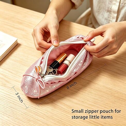 Shiny Ballet Pencil Case, Cute Pink Pencil Case Ballet Shoe Zipper Pouch Storage Pencil Bag Office Pen Case, Ballerina Dance Recital Gifts Small Dance Bag Cosmetic Bag for Dancer Moms in Kuwait