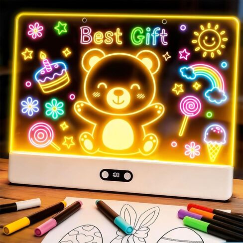 لوحة رسم LED قابلة لإعادة الشحن للأطفال، لوحة إضاءة متوهجة مقاس 16 بوصة مع 11 وضعًا للضوء، لوحة ملاحظات LED بألوان، هدية لوحة إضاءة محمولة للأطفال / الفتيات / المراهقين لعيد الميلاد وعيد الميلاد، 12 علامة in Kuwait