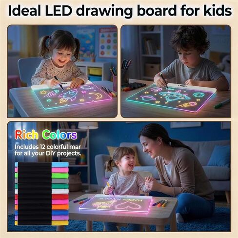 لوحة رسم LED قابلة لإعادة الشحن للأطفال، لوحة إضاءة متوهجة مقاس 16 بوصة مع 11 وضعًا للضوء، لوحة ملاحظات LED بألوان، هدية لوحة إضاءة محمولة للأطفال / الفتيات / المراهقين لعيد الميلاد وعيد الميلاد، 12 علامة in Kuwait