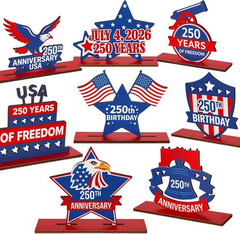 Yalikop 8 Pack 250th Anniversary Decoration Patriotic Table Centerpiece Wooden 4th of July Table Topper 250th Anniversary Red White Blue Independence Day Decor for Memorial Americana Decor in Kuwait