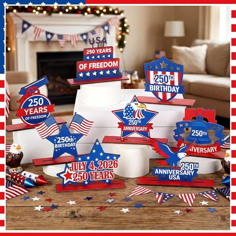 Yalikop 8 Pack 250th Anniversary Decoration Patriotic Table Centerpiece Wooden 4th of July Table Topper 250th Anniversary Red White Blue Independence Day Decor for Memorial Americana Decor in Kuwait