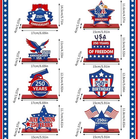 Yalikop 8 Pack 250th Anniversary Decoration Patriotic Table Centerpiece Wooden 4th of July Table Topper 250th Anniversary Red White Blue Independence Day Decor for Memorial Americana Decor in Kuwait