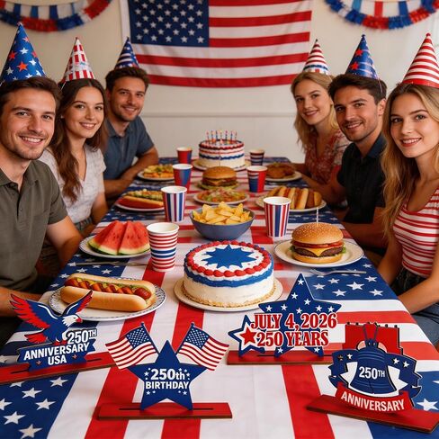 Yalikop 8 Pack 250th Anniversary Decoration Patriotic Table Centerpiece Wooden 4th of July Table Topper 250th Anniversary Red White Blue Independence Day Decor for Memorial Americana Decor in Kuwait
