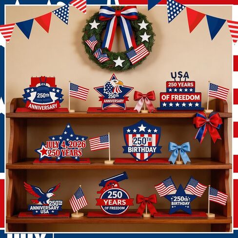 Yalikop 8 Pack 250th Anniversary Decoration Patriotic Table Centerpiece Wooden 4th of July Table Topper 250th Anniversary Red White Blue Independence Day Decor for Memorial Americana Decor in Kuwait