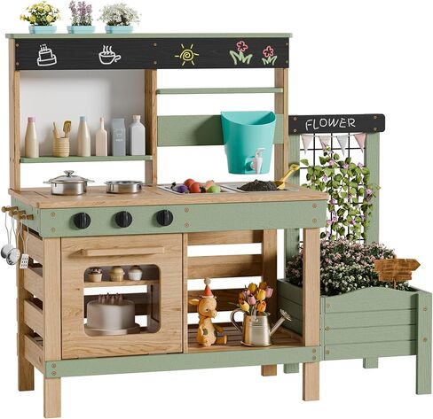 Outdoor Mud Kitchen for Kids, Wooden Pretend Play Kitchen with Plant Growing Box, Removable Sink, Oven and Stove, Kids Kitchen Playset with Kitchen Accessories for Backyard & Garden in Kuwait