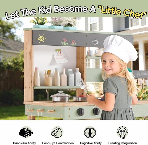 Outdoor Mud Kitchen for Kids, Wooden Pretend Play Kitchen with Plant Growing Box, Removable Sink, Oven and Stove, Kids Kitchen Playset with Kitchen Accessories for Backyard & Garden in Kuwait