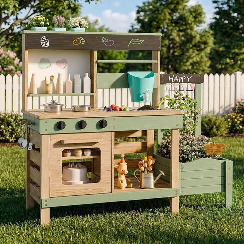Outdoor Mud Kitchen for Kids, Wooden Pretend Play Kitchen with Plant Growing Box, Removable Sink, Oven and Stove, Kids Kitchen Playset with Kitchen Accessories for Backyard & Garden in Kuwait