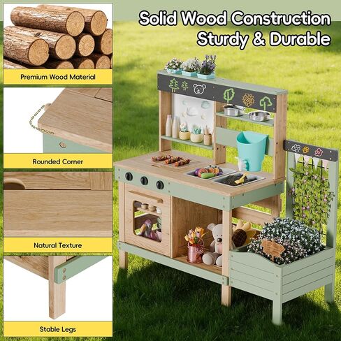 Outdoor Mud Kitchen for Kids, Wooden Pretend Play Kitchen with Plant Growing Box, Removable Sink, Oven and Stove, Kids Kitchen Playset with Kitchen Accessories for Backyard & Garden in Kuwait