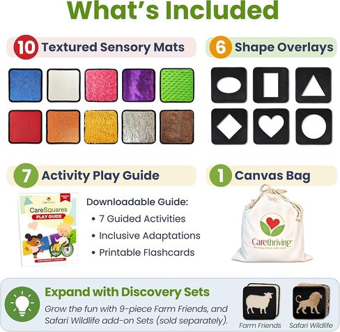 CareSquares Sensory Mats 16pc Textured Shape & Color Play Set, Activity Guide, 7 Inclusive Games, Add-On Animal Shapes, for Autism, Fine Motor Skill Toys, Montessori Classroom Learning & Sensory Walls in Kuwait