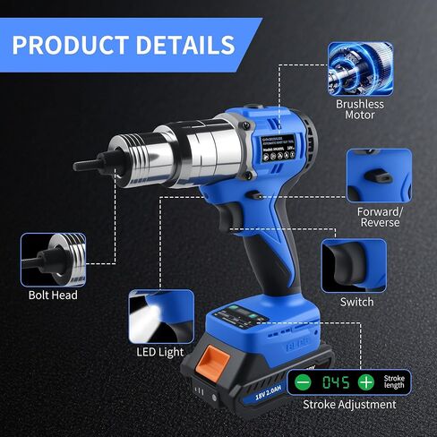 18V Cordless Rivet Nut Gun 5000lbf - Brushless Motor Electric Riveting Tool, Includes 2×2.0Ah Batteries, Quick Charger, M6/M8/M10 and 1/4-inch 5/16-inch 3/8-inch Mandrels in Kuwait