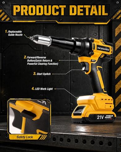 أداة مسدس برشام لاسلكي لبطارية DeWalt 20V/21V MAX (أداة فقط)، مسدس برشام كهربائي بدون فرش مع قوة سحب قصوى تبلغ 2698 رطلًا لـ 3/16 بوصة، 5/32 بوصة، 1/8 بوصة، للألمنيوم والفولاذ المقاوم للصدأ مع 20 قطعة برشام in Kuwait