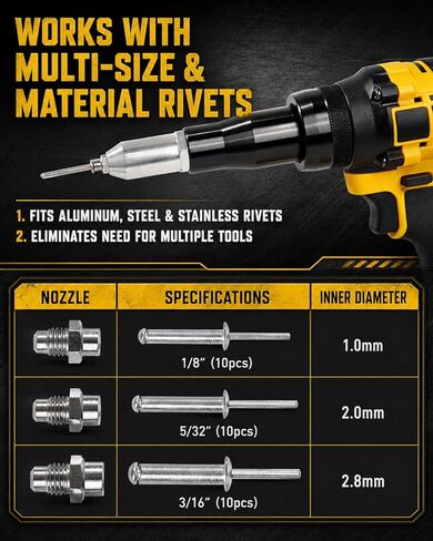أداة مسدس برشام لاسلكي لبطارية DeWalt 20V/21V MAX (أداة فقط)، مسدس برشام كهربائي بدون فرش مع قوة سحب قصوى تبلغ 2698 رطلًا لـ 3/16 بوصة، 5/32 بوصة، 1/8 بوصة، للألمنيوم والفولاذ المقاوم للصدأ مع 20 قطعة برشام in Kuwait