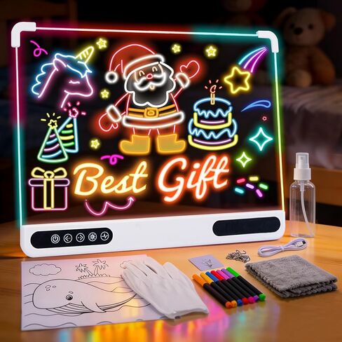 Rechargeable Led Drawing Board, 16" Glow Doodle Light-Up Tablet with 13 Color Effects, Neon Dry Erase Pad with Stand, 7 Markers & Tracing Book, Birthday Holiday Day Gifts Gifts for Kids/Girls/Teens in Kuwait