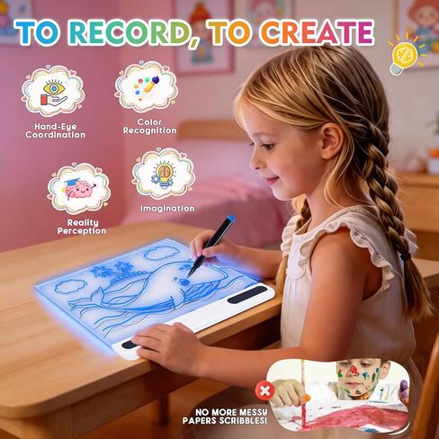 Rechargeable Led Drawing Board, 16" Glow Doodle Light-Up Tablet with 13 Color Effects, Neon Dry Erase Pad with Stand, 7 Markers & Tracing Book, Birthday Holiday Day Gifts Gifts for Kids/Girls/Teens in Kuwait
