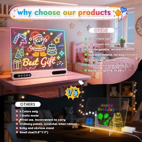 Rechargeable Led Drawing Board, 16" Glow Doodle Light-Up Tablet with 13 Color Effects, Neon Dry Erase Pad with Stand, 7 Markers & Tracing Book, Birthday Holiday Day Gifts Gifts for Kids/Girls/Teens in Kuwait