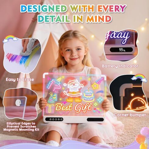 Rechargeable Led Drawing Board, 16" Glow Doodle Light-Up Tablet with 13 Color Effects, Neon Dry Erase Pad with Stand, 7 Markers & Tracing Book, Birthday Holiday Day Gifts Gifts for Kids/Girls/Teens in Kuwait