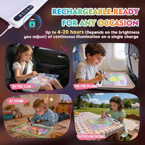 Rechargeable Led Drawing Board, 16" Glow Doodle Light-Up Tablet with 13 Color Effects, Neon Dry Erase Pad with Stand, 7 Markers & Tracing Book, Birthday Holiday Day Gifts Gifts for Kids/Girls/Teens in Kuwait
