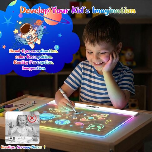 16 Inch Rechargeable LED Drawing Board, 11 Modes Light Up Doodle Board with Battery Display, Mountable Acrylic Dry Erase Glow Board, Includes Markers & Tracing Stencils, Birthday Gifts for Girls Boys in Kuwait