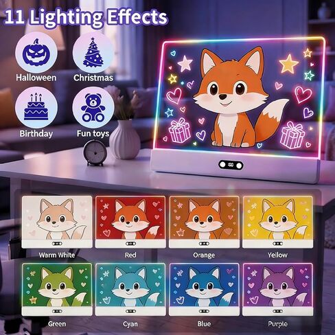 16 Inch Rechargeable LED Drawing Board, 11 Modes Light Up Doodle Board with Battery Display, Mountable Acrylic Dry Erase Glow Board, Includes Markers & Tracing Stencils, Birthday Gifts for Girls Boys in Kuwait
