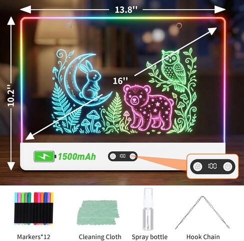 16 Inch Rechargeable LED Drawing Board, 11 Modes Light Up Doodle Board with Battery Display, Mountable Acrylic Dry Erase Glow Board, Includes Markers & Tracing Stencils, Birthday Gifts for Girls Boys in Kuwait