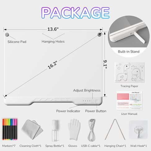 16" Rechargeable LED Drawing Board for Kids,MIXVOVA Light Up Drawing Tablet with 7 Colors & 4 Modes,Dry Erase Doodle Glow LED Note Board with 7 Markers,Christmas Birthday Children's Day Gifts for Kids in Kuwait