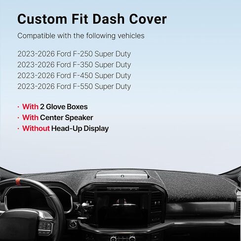 غطاء لوحة القيادة Pigenius لسيارة Ford F-250 F-350 F-450 F-550 2023-2026، حصيرة لوحة القيادة غير قابلة للانزلاق مناسبة للنماذج بدون HUD مع مكبر صوت مركزي مع صندوقي قفازات، غطاء لوحة القيادة من البوليستر باللون الأسود in Kuwait