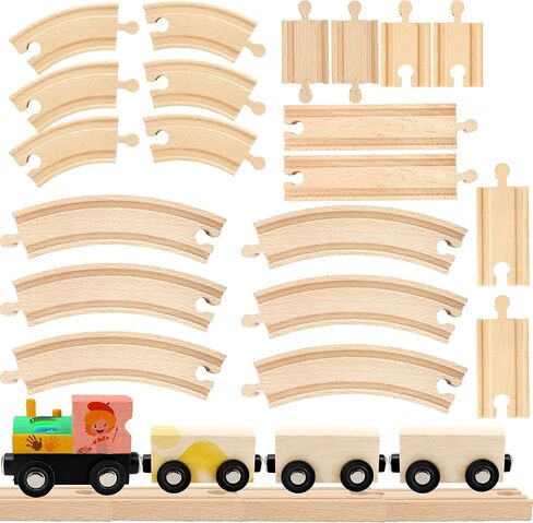 24 Pcs DIY Wooden Trains Unfinished Magnetic Wooden Train Cars with Track for Train Track Themed Party Supplies Birthday Gifts Craft Painting Activities in Kuwait