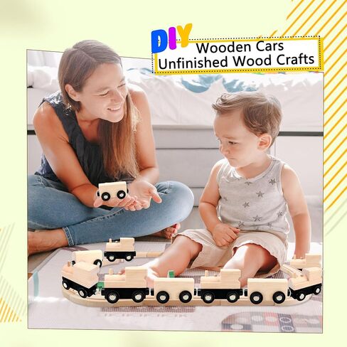 24 Pcs DIY Wooden Trains Unfinished Magnetic Wooden Train Cars with Track for Train Track Themed Party Supplies Birthday Gifts Craft Painting Activities in Kuwait