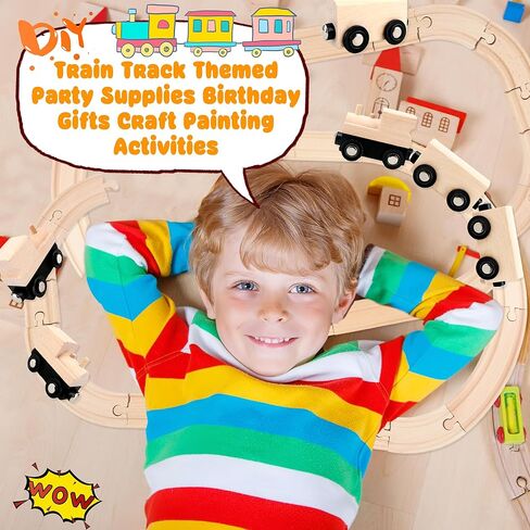 24 Pcs DIY Wooden Trains Unfinished Magnetic Wooden Train Cars with Track for Train Track Themed Party Supplies Birthday Gifts Craft Painting Activities in Kuwait