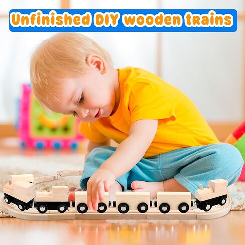 24 Pcs DIY Wooden Trains Unfinished Magnetic Wooden Train Cars with Track for Train Track Themed Party Supplies Birthday Gifts Craft Painting Activities in Kuwait