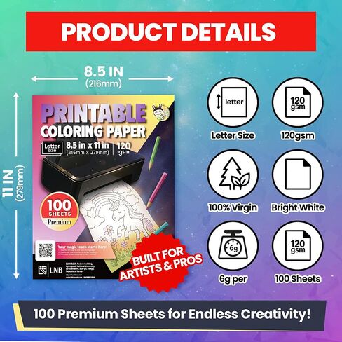 HASHI Printable Coloring and Drawing Paper - 120 GSM (32lb) Heavyweight, 100 Sheets Letter Size 8.5 x 11, No-Bleed Artist Paper for Markers, Watercolor, and AI Coloring, Inkjet and Laser Compatible in Kuwait
