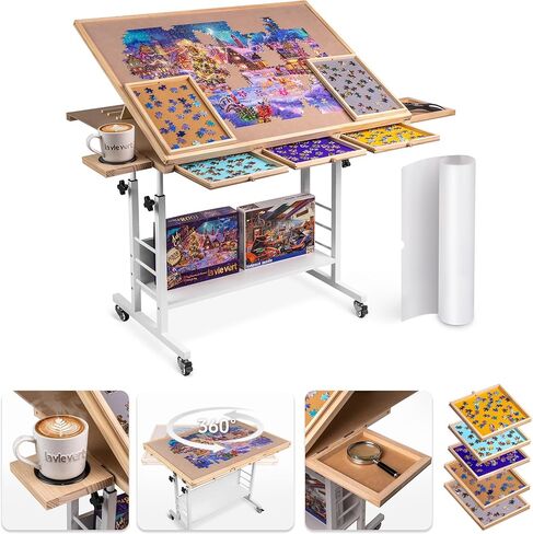 LAVIEVERT 1500 Piece Tilting Puzzle Table with 5 Drawers & Cover, Angle & Height Adjustable Puzzle Board with Removable Cup Holder & Storage Rack, Portable Wooden Table with Legs for Adults in Kuwait