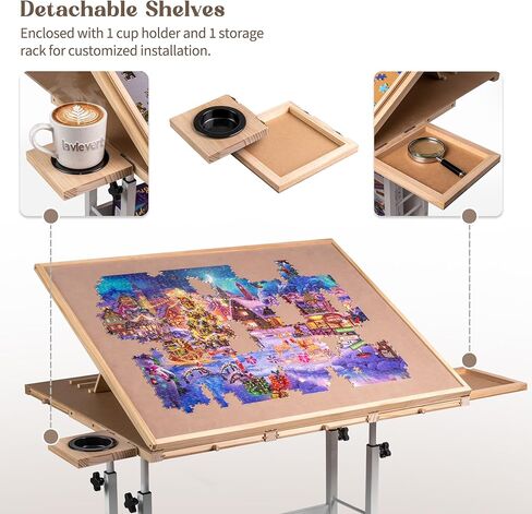 LAVIEVERT 1500 Piece Tilting Puzzle Table with 5 Drawers & Cover, Angle & Height Adjustable Puzzle Board with Removable Cup Holder & Storage Rack, Portable Wooden Table with Legs for Adults in Kuwait