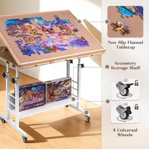 LAVIEVERT 1500 Piece Tilting Puzzle Table with 5 Drawers & Cover, Angle & Height Adjustable Puzzle Board with Removable Cup Holder & Storage Rack, Portable Wooden Table with Legs for Adults in Kuwait