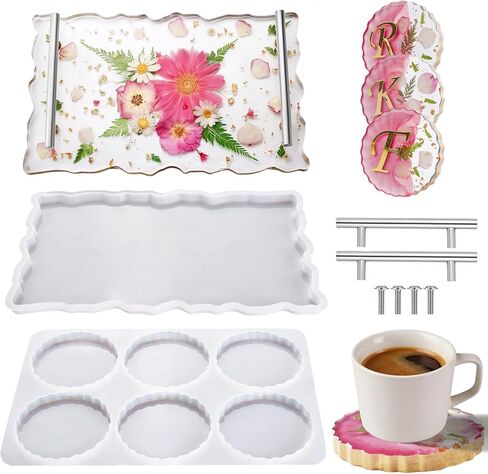 LET'S RESIN 6 Cavity Resin Coaster Molds and Tray Molds with Handle, Epoxy Resin Coaster Molds for Cups Mats, Coaster Silicone Molds for Flower Bouquet Preservation, DIY Art Craft and Home Decoration in Kuwait