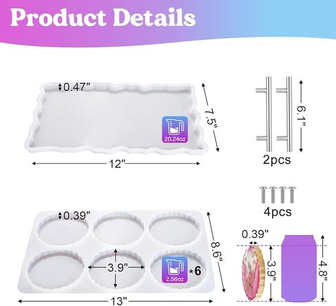 LET'S RESIN 6 Cavity Resin Coaster Molds and Tray Molds with Handle, Epoxy Resin Coaster Molds for Cups Mats, Coaster Silicone Molds for Flower Bouquet Preservation, DIY Art Craft and Home Decoration in Kuwait
