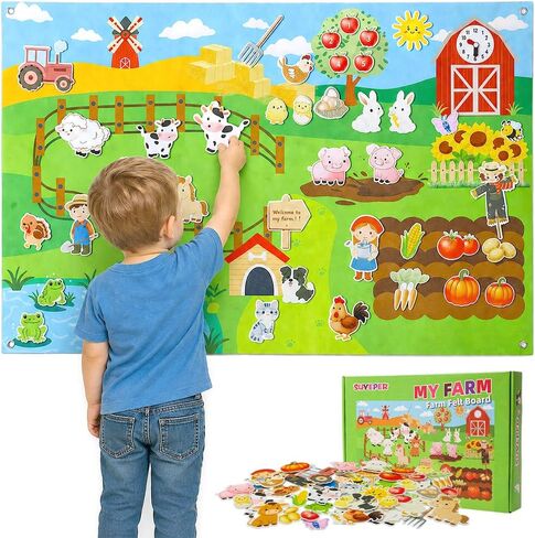 Farm Felt Story Board Set with 44pcs Animal Figures and Clock Number Learning Children's Story Set Storytelling Early Education Learning Board, Preschool Wall-mountable. in Kuwait