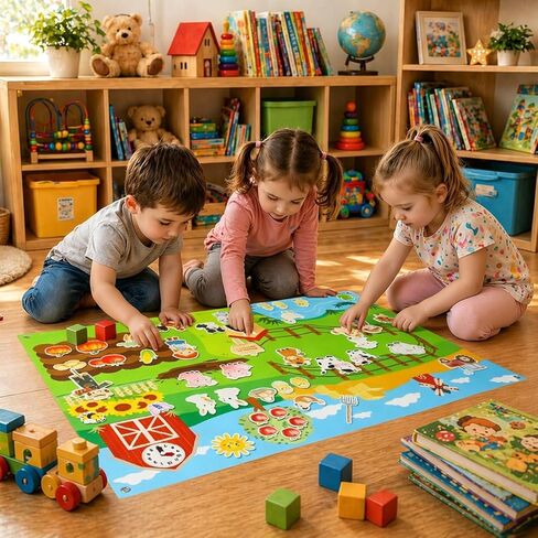 Farm Felt Story Board Set with 44pcs Animal Figures and Clock Number Learning Children's Story Set Storytelling Early Education Learning Board, Preschool Wall-mountable. in Kuwait