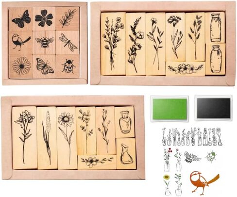 27Pcs Vintage Wooden Rubber Stamp Set - Butterfly, Bird, Floral & Insect Designs for Journaling, Scrapbooking, DIY Card Making, and Art Crafts - Retro Decorative Mounted Stamps in Kuwait