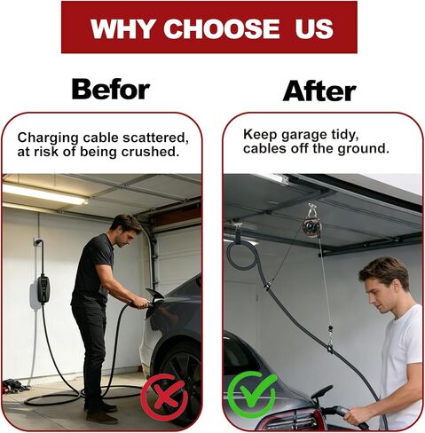 EV Charger Cable Retractor, Universal EV Charger Retractable Cable Management System, Garage Charging Cable Organizer for All Level 2 Chargers-Mounts to Ceiling and Wall in Kuwait