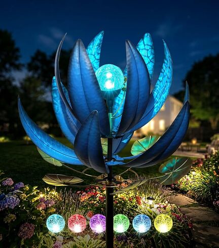 Wind Spinners Outdoor 79 Inch Large Metal Wind Spinner with Solar Crackle Glass Ball, Lotus Kinetic Windmill for Yard Garden Lawn Decor, Outdoor Yard Art & Housewarming Gift (20" W x 79" H) in Kuwait