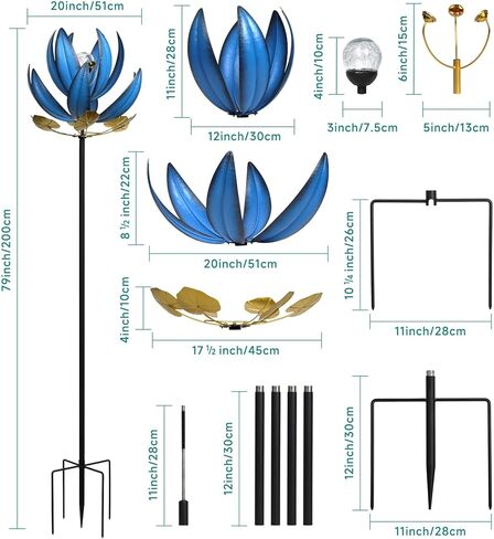 Wind Spinners Outdoor 79 Inch Large Metal Wind Spinner with Solar Crackle Glass Ball, Lotus Kinetic Windmill for Yard Garden Lawn Decor, Outdoor Yard Art & Housewarming Gift (20" W x 79" H) in Kuwait