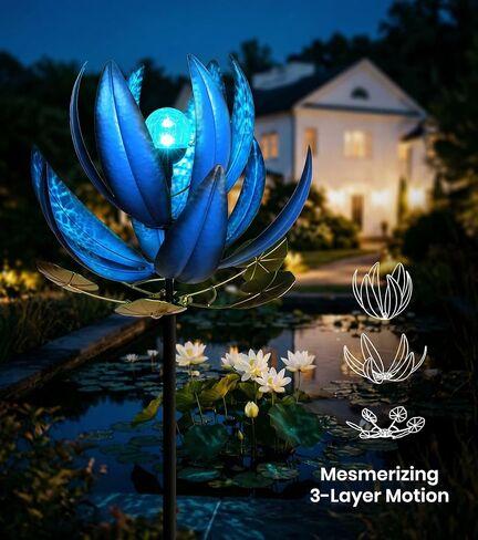 Wind Spinners Outdoor 79 Inch Large Metal Wind Spinner with Solar Crackle Glass Ball, Lotus Kinetic Windmill for Yard Garden Lawn Decor, Outdoor Yard Art & Housewarming Gift (20" W x 79" H) in Kuwait