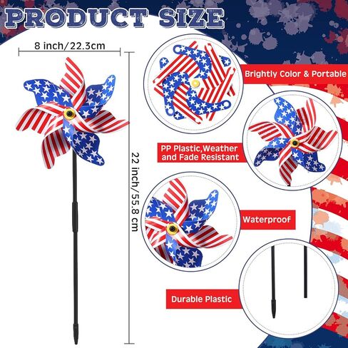 Mindsoft 12 Pcs 22" H 4th of July Pinwheels Patriotic American Flag Pinwheels Red Blue White Stars Stripes Wind Spinner for Outside Independence Day Memorial Day Decorations for Yard Garden Supplies in Kuwait