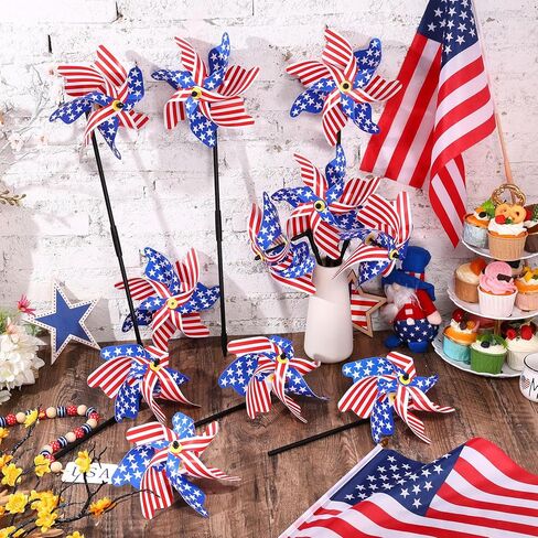 Mindsoft 12 Pcs 22" H 4th of July Pinwheels Patriotic American Flag Pinwheels Red Blue White Stars Stripes Wind Spinner for Outside Independence Day Memorial Day Decorations for Yard Garden Supplies in Kuwait