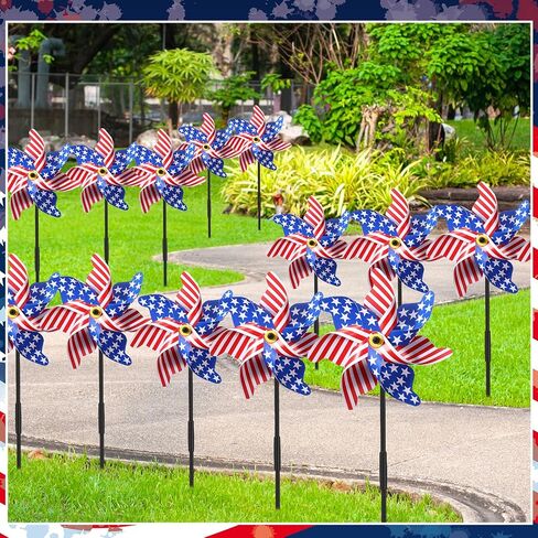 Mindsoft 12 Pcs 22" H 4th of July Pinwheels Patriotic American Flag Pinwheels Red Blue White Stars Stripes Wind Spinner for Outside Independence Day Memorial Day Decorations for Yard Garden Supplies in Kuwait