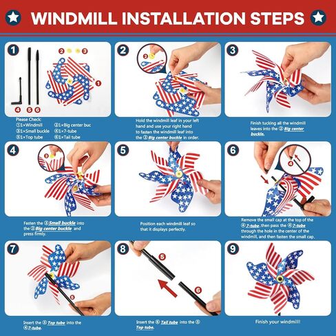 Mindsoft 12 Pcs 22" H 4th of July Pinwheels Patriotic American Flag Pinwheels Red Blue White Stars Stripes Wind Spinner for Outside Independence Day Memorial Day Decorations for Yard Garden Supplies in Kuwait